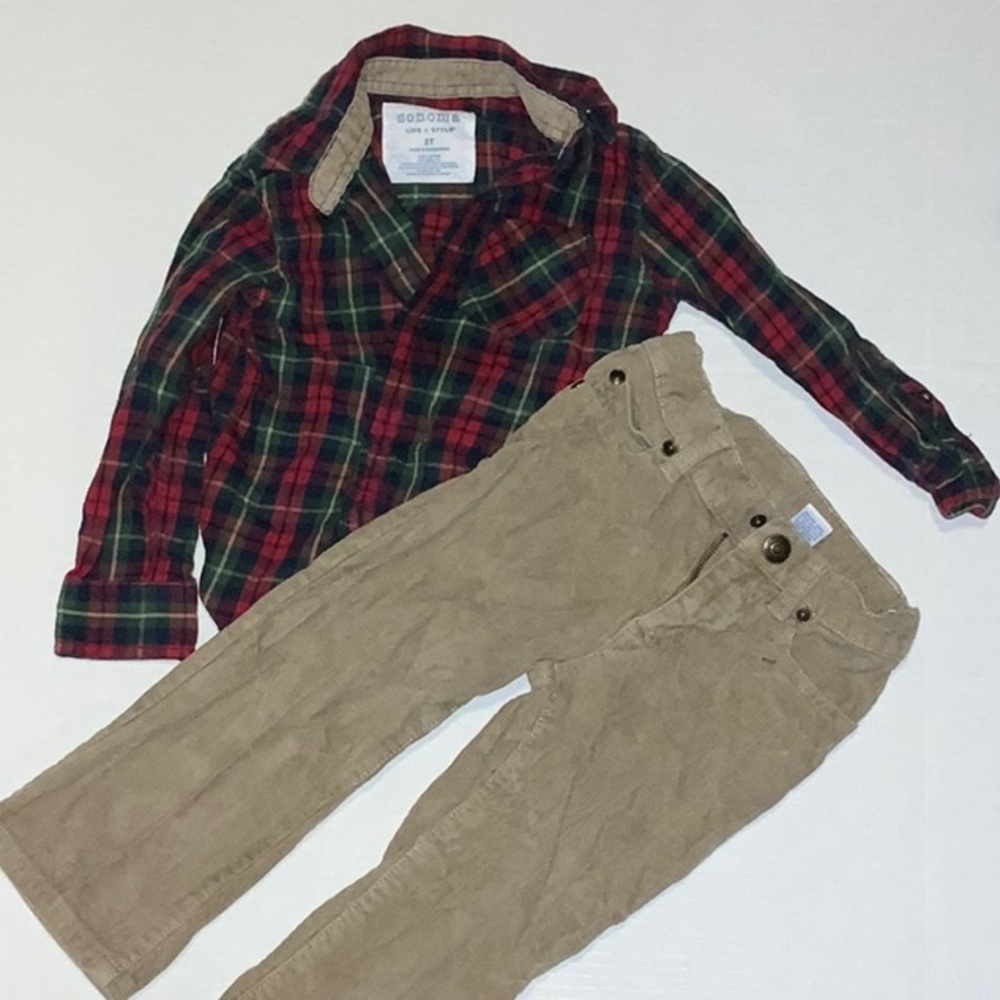 Sonoma Toddler Boy Plaid Button Down Shirt + Corduroy Pants Set - Size 2T